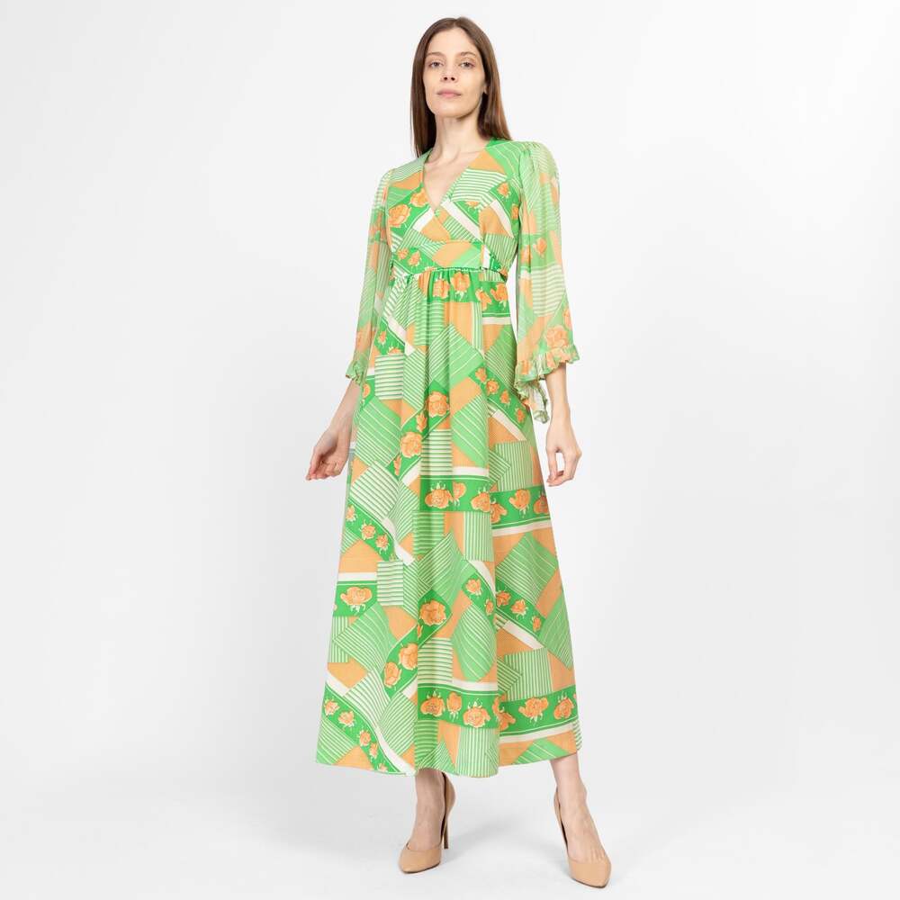 70s Boho Green Floral Angel Sleeve Maxi Dress - Small